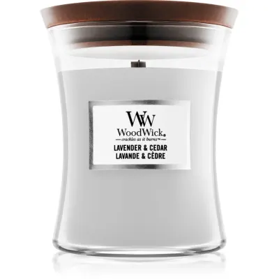 Woodwick Lavender & Cedar lumânare parfumată cu fitil din lemn 275 g