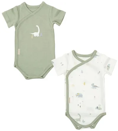 Set de body-uri cu mânecă scurtă Bimbidreams - Trex, 2 bucăți, 0-1 luni, alb/verde