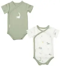 Set de body-uri cu mânecă scurtă Bimbidreams - Trex, 2 bucăți, 0-1 luni, alb/verde