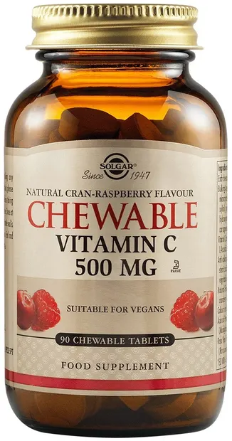 Chewable Vitamin C, zmeură, 500 mg, 90 tablete, Solgar