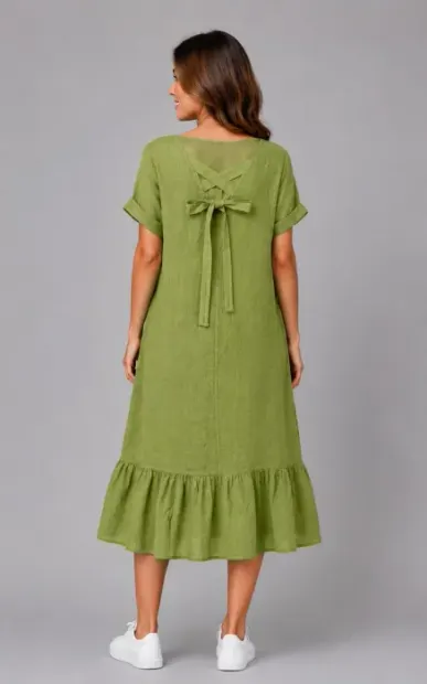 Rochie midi din in cu funda pe spate si volan amplu din batist, verde olive