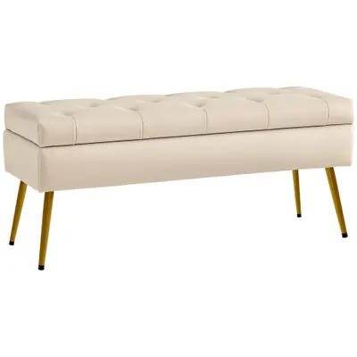 HOMCOM Bancă de depozitare în aspect de catifea, Hocker căptușit cu design căptușit, Cadru metalic, 102 x 35 x 43 cm, Bej | Aosom Romania