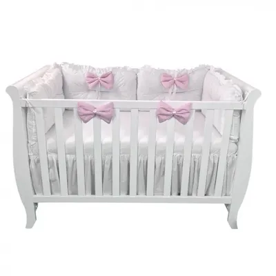 Set 4 perne aparatori super groase albe + cearsaf cu volanas si fundite 140x70 cm roz pal