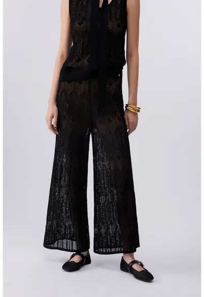 Pantaloni cu perforatii - croiala ampla si talie inalta - Negru