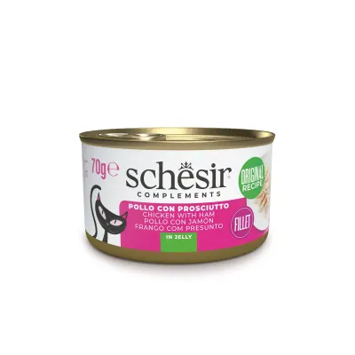 SCHESIR Complementary In Jelly, Pui și Șuncă, conservă hrană umedă pisici, (în aspic), 70g