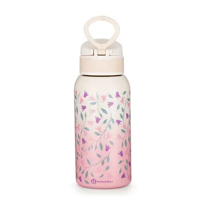 Sticla termos lichide, Petite&Mars, Delicate Flowers, Cu cioc, Din otel inoxidabil, Cu mentinere de temperatura calda pana la 12 h, Rece pana la 24 h, 500 ml, Fara BPA, Cu maner de transport, 3 ani+, Roz