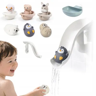 Set 11 jucarii de baie, Primabobo, Include animalute utilizabile si ca papusi pentru degete, tobogan, raft depozitare, Magarus, Oita, Dezvolta abilitatile motorii fine, Fara BPA, 12 luni+, Multicolor