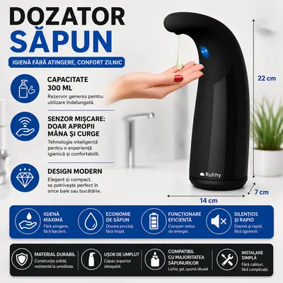 Dozator cu senzor pentru sapun lichid, 300 ml, rezistent la apa IPX7, negru, 22 x 14 x 7 cm