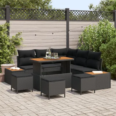 Set de canapea de gradina Gossi cu 8 perne negru poliratan acacia, set de dining de gradina Gossi cu 3 perne negru poliratan acacia