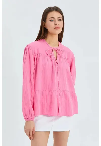 Camasa dama - bluza cu maneca lunga - croiala lejera - roz pudrat - textil