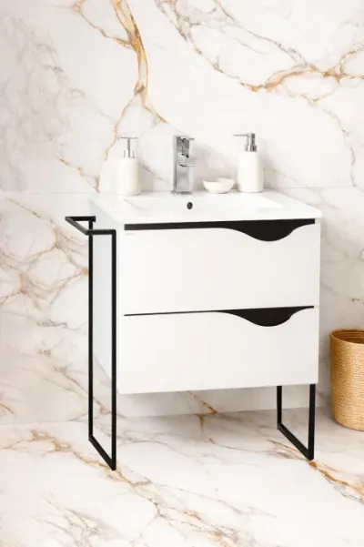 Set Baza front MDF si Lavoar seria 097, cu sertare, cadru metalic, montat, 60 cm, alb
