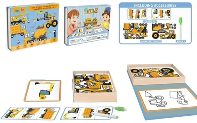 Puzzle magnetic cu marker Raya Toys - Mașini de construcție