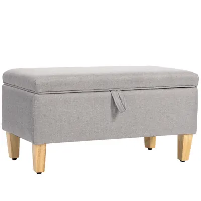HOMCOM Banc de depozitare, capăt de pat, suport pentru picioare căptușit cu aspect de in cu picioare din lemn de cauciuc, 71x37x36cm, gri deschis | Aosom Romania