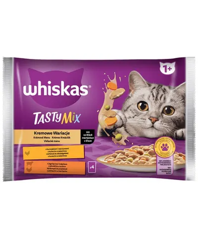 WHISKAS Tasty Mix hrana in sos pentru pisica adulta 4x85g Varietate cremoasa cu pui, miel si curcan