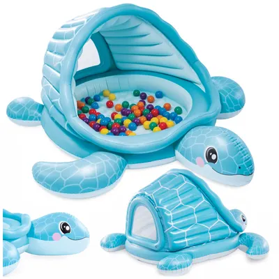 Piscina gonflabila pentru copii, Turtle Playland, in forma de carapace, cu acoperis incorporat, 218 x 206 x 97 cm, din vinil cu dop de scurgere