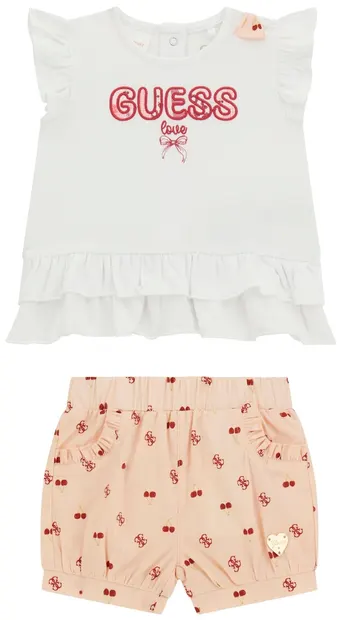 Set de 2 piese Guess - Tricou cu pantaloni cu cireșe, roz-alb, 18 luni