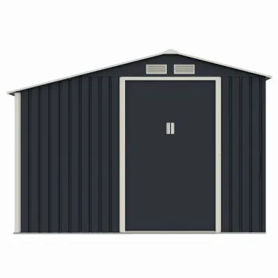 Casuta / magazie de gradina premium metalica, MESTERINO Luke-A, Gri/Bej, dimensiuni 278x131x195 cm, cu usi culisante si baza metalica