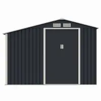 Casuta / magazie de gradina premium metalica, MESTERINO Luke-A, Gri/Bej, dimensiuni 278x131x195 cm, cu usi culisante si baza metalica