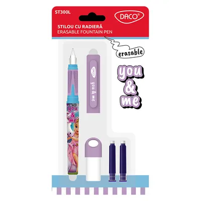 Stilou cu radiera Daco You&Me lavanda + 2 rezerve + dispozitiv curatare