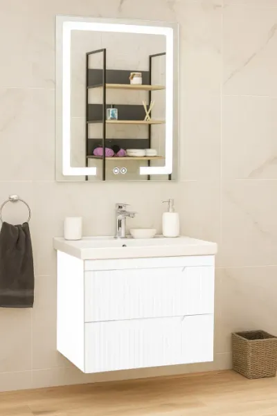 Set Baza front MDF cu Lavoar si Oglinda cu iluminare LED, seria 733, suspendata, cu sertare, montat, 60 cm, alb