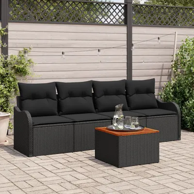 Set de canapea pentru gradina Gossi 5 piese cu perne negru poliratan acacia, canapea de gradina Gossi pentru 2 persoane cu depozitare si perne negru poliratan