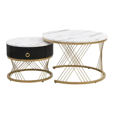 Set de 2 Măsuțe de Cafea Moderne Modulare din Marmură Sintetică cu Detalii Aurii și Sertare, Dimensiuni 70x70x45 cm și 50x50x40 cm, Alb