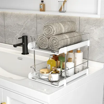 Suport cu 2 rafturi retractabile, 2 nivele si 6 compartimente de depozitare, 29 x 20 x 23 cm, alb