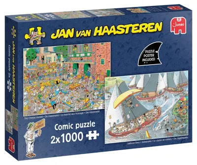 Puzzle Jumbo de 2 x 1000 piese - Traditii olandeze: Piata de branzeturi si Regata cu vele