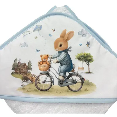 Prosop cu glugă Bambino Casa - Blu Rabbit Bicycle, 100 х 100 cm