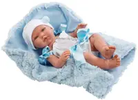 Papusa bebe Asi - Pablo cu fundite albastre si paturica, 43 cm