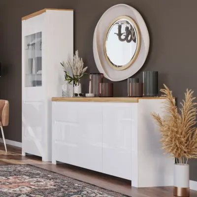 Set Living VIGO, 2 piese, comoda si vitrina, alb + stejar wotan