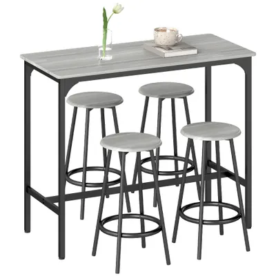 HOMCOM Set Masă de Bar și 4 Scaune cu Suport pentru Picioare, 110x50x89.5 cm, Gri | Aosom Romania