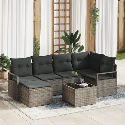 Set de canapea de gradina Gossi cu 6 piese si perne ratan sintetic negru, canapea de gradina Gossi cu 2 locuri cu stocare si perne ratan sintetic gri