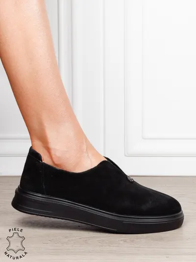 Pantofi casual dama slip-on din piele naturală intoarsa cu aspect modern CRL1817 NEGRU