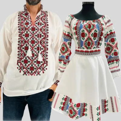 Set Cuplu 607 Camasa Traditionala si Rochie Stilizata cu motive traditionale