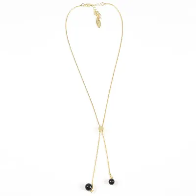 Colier auriu minimalist cu perle negre