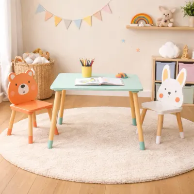 Set masuta si 2 scaunele cu spatar pentru copii Ginger Home Bear and Bunny din lemn, margini rotunjite,potrivit pentru activitatiteme, gradinita, after school, greutate suportata 40kg