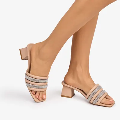 Pantofi eleganti dama din Piele ECOLOGICA cu toc gros si strasuri CRL1086 CULOARE: Bej