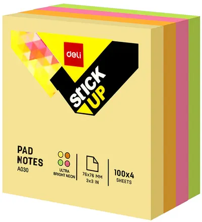 Note lipicioase Deli - 76 x 76 mm, 4 x 100 foi, neon