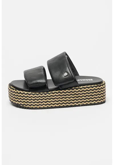 Papuci wedge de piele ecologica Opal - Negru/Bej
