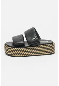 Papuci wedge de piele ecologica Opal - Negru/Bej