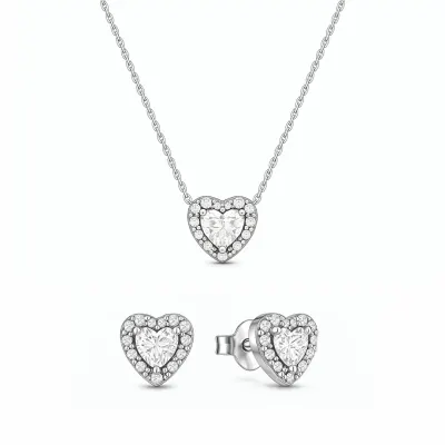 Set bijuterii Colier si Cercei White Heart cu Argint