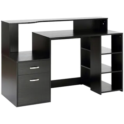 HOMCOM Birou pentru calculator cu 2 sertare, birou cu depozitare, 137 x 55 x 92 cm, rafturi deschise și poliță pentru imprimantă, stil modern, masă pentru calculator pentru dormitor, studio, negru | Aosom Romania