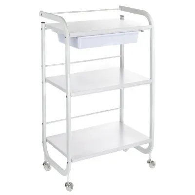 Suport etajat pentru cosmetice, rafturi lemn, roti transport, inaltime 84 cm, metal