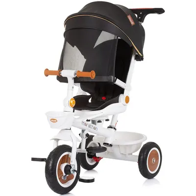 Tricicleta Chipolino Marathon Black White cu sezut rotativ, suport picioare, maner reglabil, 2 cosulete, greutate admisa 25 kg
