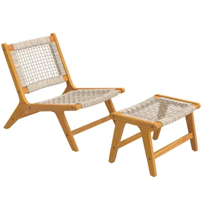 Outsunny Fotoliu de grădină cu taburet 2 piese lemn de acacia certificat FSC fotoliu lounge exterior cu șezut din ratan stil boho picioare reglabile | Aosom Romania