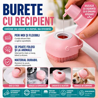 Burete de baie din silicon cu dozator, Mini Soft Brush, reutilizabilla, pentru adulti, copii, animale de companie, Roz