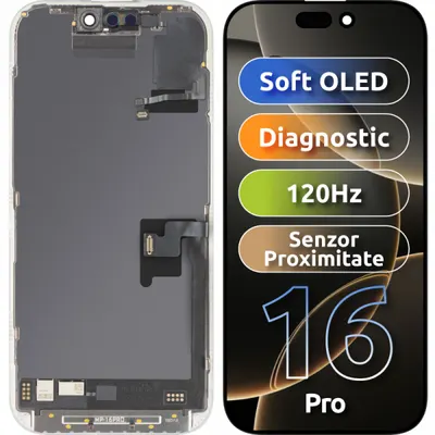 Display cu Touchscreen si Senzor Proximitate MP compatibil cu Apple iPhone 16 Pro, cu Rama, Versiune Soft OLED FHD 120Hz Diagnostic, Negru