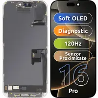 Display cu Touchscreen si Senzor Proximitate MP compatibil cu Apple iPhone 16 Pro, cu Rama, Versiune Soft OLED FHD 120Hz Diagnostic, Negru
