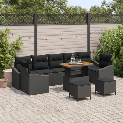 Set de canapea pentru gradina cu 10 piese si perne poliratan negru acacia, canapea de gradina cu 2 locuri si depozitare & perne poliratan negru, set de dining pentru gradina cu 3 piese si perne poliratan negru acacia